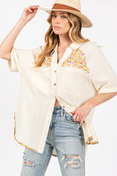 SAGE + FIG Women's Floral Detail Short Sleeve Cotton Button-Up Shirt